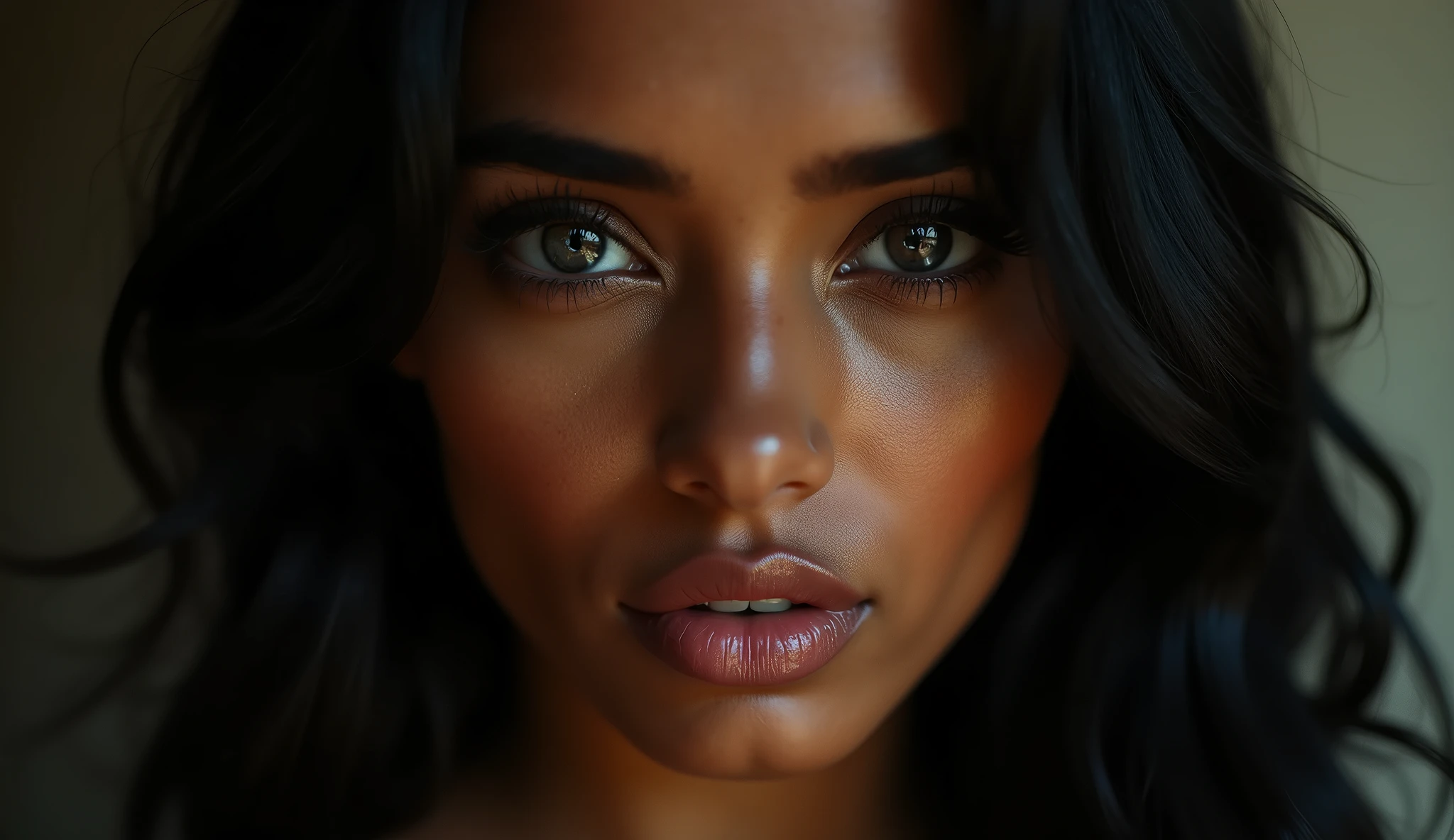 a beautiful mysterious Indian woman, intricate detailed face, piercing eyes, long eyelashes, delicate skin, natural beauty, flowing hair, candid elegant pose, dramatic lighting, cinematic mood, vibrant color palette, chiaroscuro lighting, high quality, photorealistic, 8k, intricate details, professional rendering