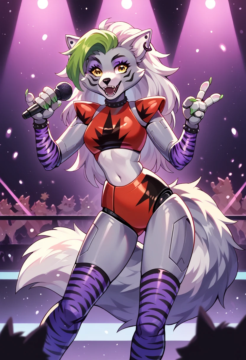 Prompts
Copy
FNAF, Roxanne Wolf, white hair, female wolf, feminine, tall slender body, green bangs, on a stage, rock concert stage, concert lights, winking, yellow eyes, holding a microphone, detailed body fur, detailed eyes, detailed face, glistering body, shiny body, gorgeous body,perfect lighting, perfect shadows, perfect eyes, perfect hair, perfect face, in black thigh highs 