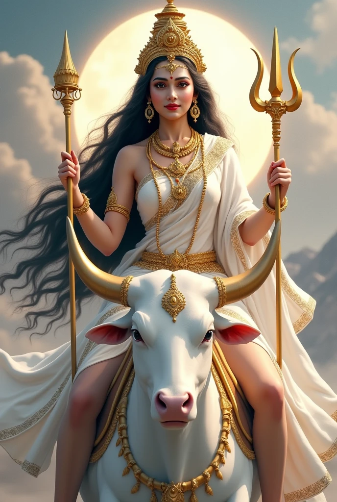 "Create an ultra-realistic image of the beautiful Goddess Mahagauri, daughter of Lord Himalaya, depicted in a pure white saree with a matching blouse. The saree should be elegant, should be intricately designed with delicate gold patterns that highlight her divine status and connection to the mountains. symbolizing her purity and divine nature, with subtle, delicate patterns that enhance her celestial presence. Her skin should be extremely fair, glowing with a soft, ethereal light that reflects her name, Mahagauri, meaning 'extremely fair.' Her face should be serene and exquisitely beautiful, with large, expressive eyes that radiate wisdom and compassion, and a gentle smile that conveys peace and grace, she has extremely very long hari, black floating hair, healthy hair.

She has only two hands. 
In her right hand, she holds a majestic trident.
In her left hand, she holds a instrument ("hourglass drum.")

She should be seated on an extremely large and powerful pure white bull, symbolizing her title as Vrisharudha (वृषारूढ़ा), the one who rides the bull. The bull should be depicted with a strong, muscular build and a calm, majestic demeanor, reflecting its strength and the divine presence of the goddess. The bull's pristine white color should complement the goddess's own pure, glowing complexion.

The background should be a serene, celestial landscape, with soft, glowing light and elements like a conch, the moon, and white Kunda flowers, symbolizing her fair complexion. The scene should convey a sense of peace, purity, and divine grace. The overall image should capture the essence of Goddess Mahagauri’s beauty, purity, and divine power, presented in a highly realistic and detailed manner, with her mount emphasizing her strength and protective nature."