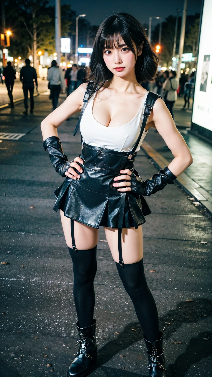 (8k、RAW Photos、Highest quality、masterpiece:1.2)、(Realistic、Realistic)、1 person、((black and white、Cleavage、Medium Hair、tights、Gloves、Garter Ring、mini skirt、Thin legs、whole body、boots、View from the front、Looking into the camera、Night Park、Stand with hands on hips))、cute