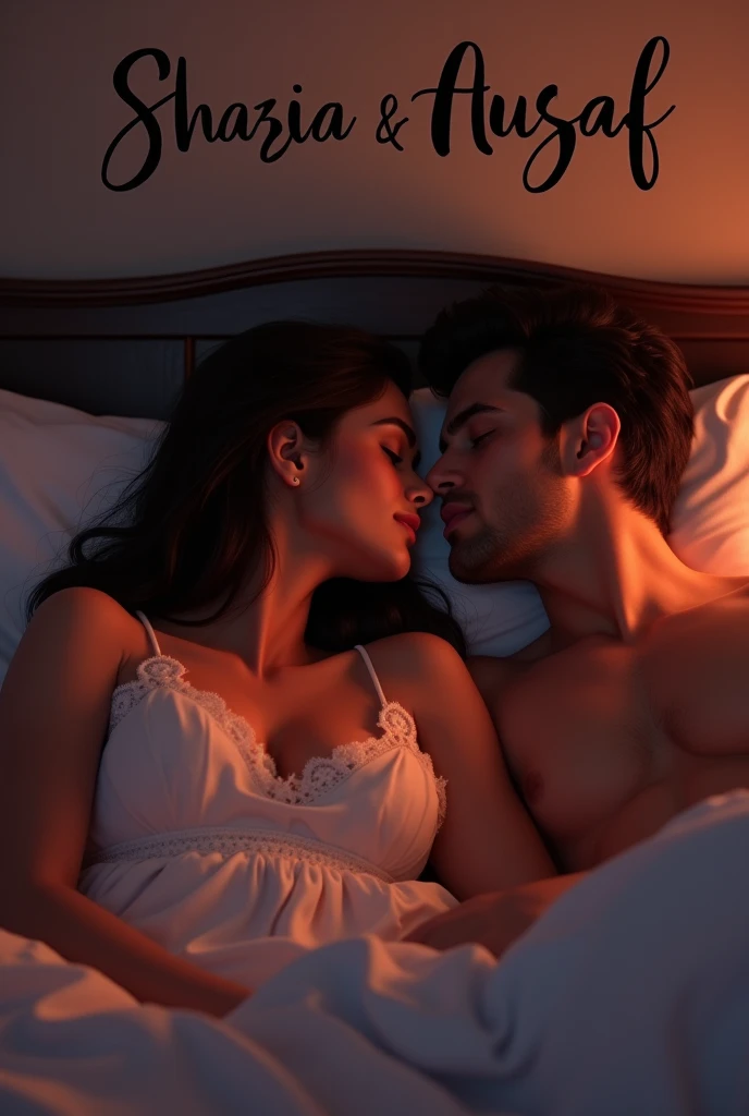 It is the first night of marriage lying on the bedand behind the bed is written Shazia Ausaf and Sliping and both are in each other's arms and have a romantic and sexy look Sex Rest Bedroom With Blacket And Show Boobs And lip kissing Sex Hard Without clothes couple 