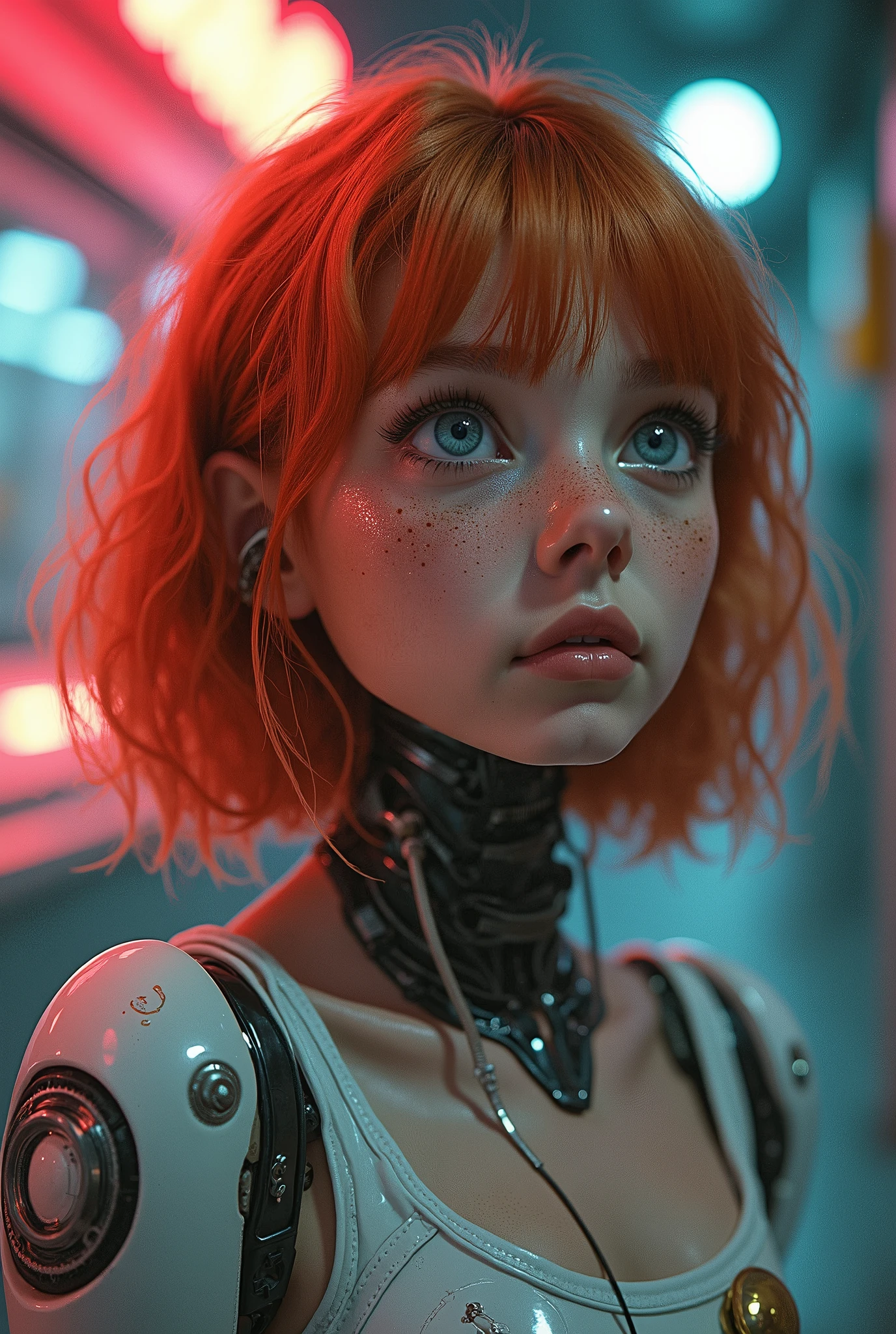 (Original ink art:1.2), (Linear Art:1.31), (Fine details:1.3), Limited color palette, (move:1.4), 1 girl, aldult (A river:0.7) Miss, freckle, Pink Eyes, Ginger Rob Hair, Solitary, Half Shot, look up, Detailed background, Delicate face, (vintagefuturism AI, vintagefuturism Themes:1.1), Android, , Biomechanical limbs, Mechanical Eye, cable, Head tilt, Stylish design, Augmented Reality, Digital implantation, Nanotechnology, Circuit, , Powered by magic, Hologram, energy pulse, reflector, Neon Colors, 背景cable, movie environment, American style, vintage, High quality, (50's style, 90s style:1.3), (Movie Posters, text:1.2), (Film Grain, Film Covering:1.2)