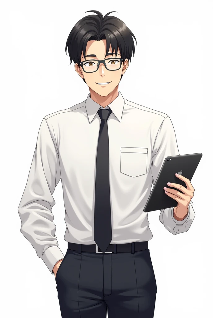Male teacher, black hair, wearing glasses, holding an iPad with one hand, anime image, white background