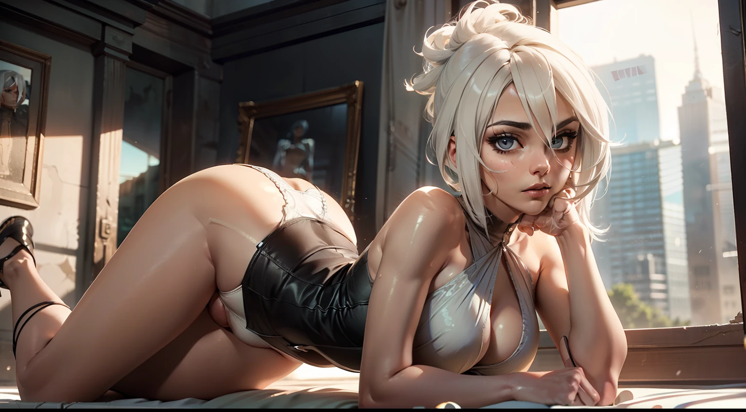 retrato de riven league of legends close face to the camera, face close up (ojos Very detaileds, students, lips 1.1), close face, gloomy composition, gloomy background, remains, ruined city, Very detailed. It is located on the edge of the roof, gloomy composition, The gloomy room, gloomy atmosphere, ojos Very detaileds, gray blue eyes, Beautiful figure, remains, ruined city, ojos Very detaileds, Beautiful figure, in front of the viewer, Beautiful figure (Proper anatomy 1.1.), in all its height (full body 1.1), delgado, slim figure, slim figure, shapely legs, animated style, white hair, white hair, that disappear at the ends, bob hairstyle, Cutouts on the shoulders, Cutouts on the chest, Neckline at the waist, black stockings, short black skirt, white panties, Very detailed face, very beautiful face, very sexy ass, in all its height (full body 1.1), small elastic breasts, small ass, Beautiful figure delgada, small buttocks, light, femininity,masterpiece,Best Quality,Very detailed,Visible at the feet, 8k resolution, high sharpness, 8k resolution, Very detailed, 8k hd, Professional lighting, Photon mapping,physics based rendering, a perfect face, detailed face and body, ray tracing, expressive look, Cinmatic lighting,elastic small breasts, Greater sexuality,