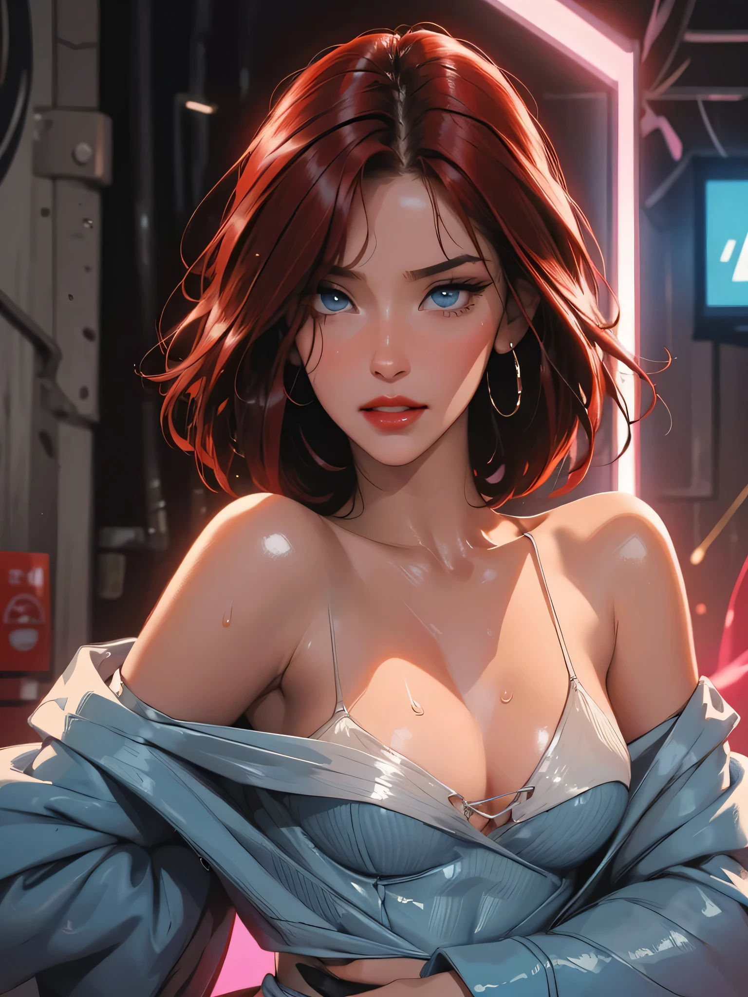 1girl,a beautiful fashion model ,(masterpiece, detailed background, best quality),short and shiny hair, red hair, hair with highlights, bangs, smirk,juicy lips,red lips, calmart, lingerie, stripping, elegant makeup, blue eyes, full body shot, (shiny skin), cyberpunk, sci fi, boa, extravagant jewelry, cocky expression, covered in jewelry, fancy, club outfit, shiny skin, wet skin. running hand through hair, leaning on wall, hair flip, sweat, dj, lights, beat spins you round, (((dance club)))