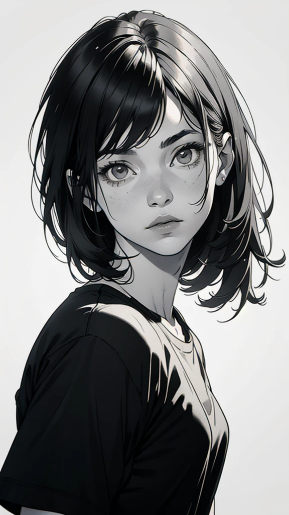 1 boyish girl, solo, sharp eyes, monochrome, greyscale, short black hair, portrait, white T-shirt, closed mouth, looking at viewer, graphite \(medium\), detailed lips, hatching \(texture\), without makeup, bangs, upper body, (best illustration), (best quality), (very detailed), (masterpiece), expressionless,