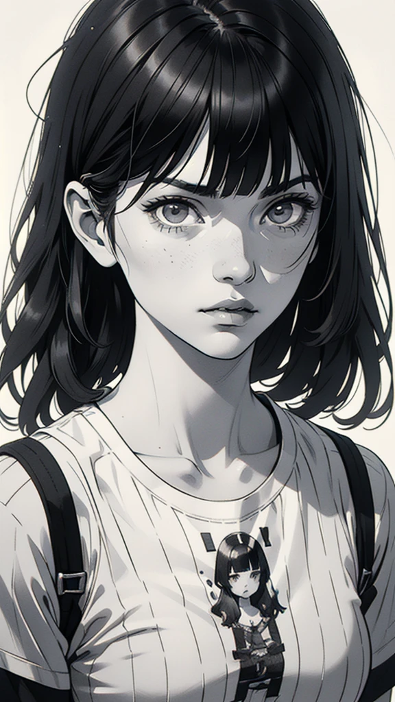 1 boyish girl, solo, sharp eyes, monochrome, greyscale, short black hair, portrait, white T-shirt, closed mouth, looking at viewer, graphite \(medium\), detailed lips, hatching \(texture\), without makeup, bangs, upper body, (best illustration), (best quality), (very detailed), (masterpiece), expressionless,