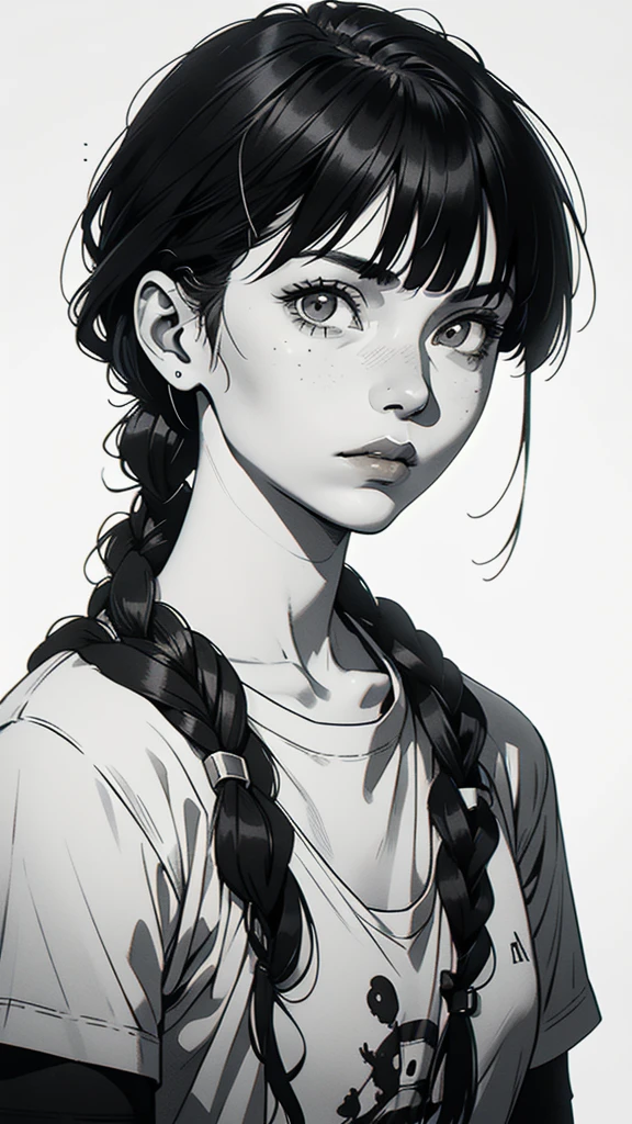 1 boyish girl, solo, sharp eyes, monochrome, greyscale, short black hair, portrait, white T-shirt, closed mouth, looking at viewer, graphite \(medium\), detailed lips, hatching \(texture\), without makeup, bangs, upper body, (best illustration), (best quality), (very detailed), (masterpiece), expressionless,