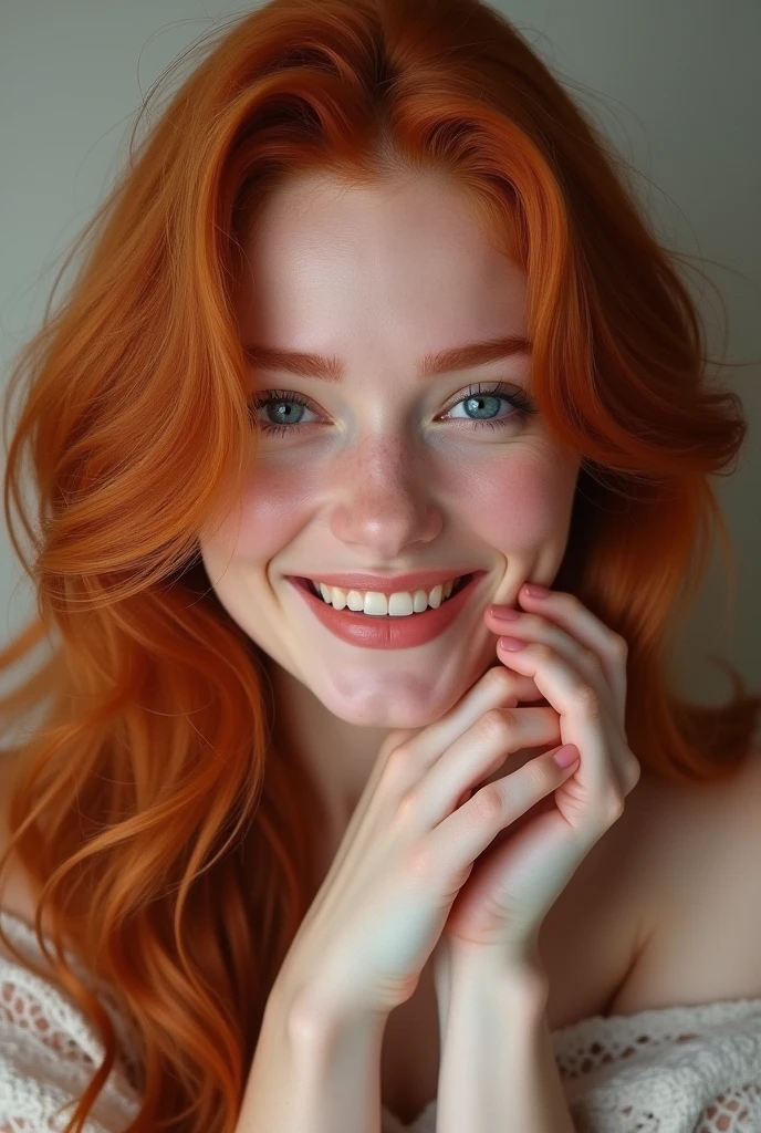 Redhead georgeous woman with very ovaled face, she is smiling and playing with her hair, She doesn't have the face of a girl or a ager. Portrait