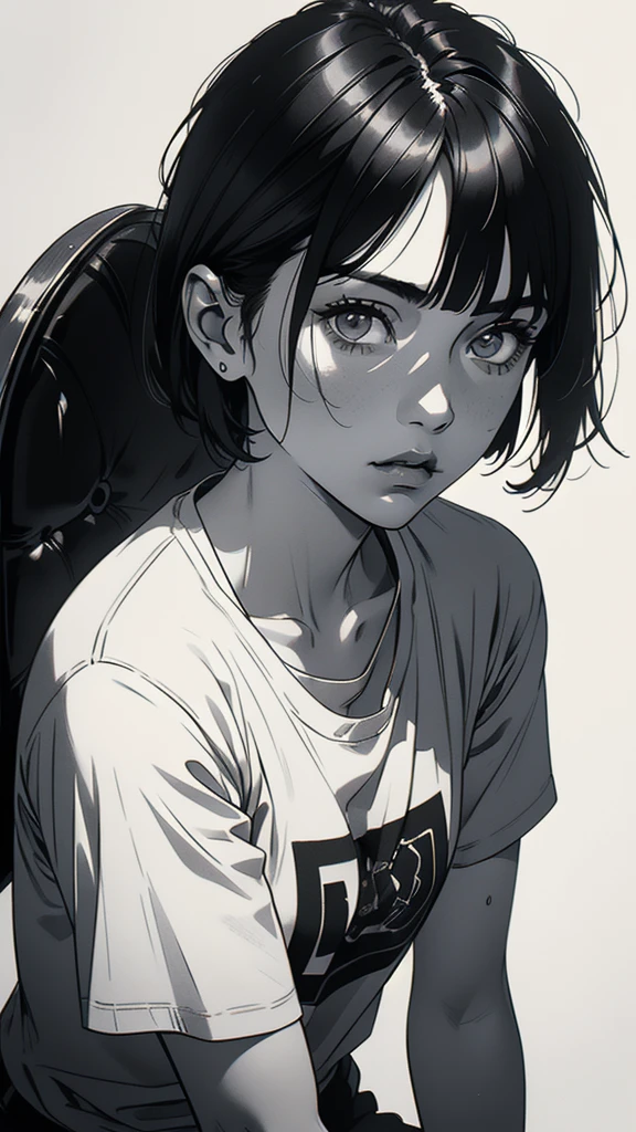 1 boyish girl, solo, sharp eyes, monochrome, greyscale, short black hair, portrait, white T-shirt, closed mouth, looking at viewer, graphite \(medium\), detailed lips, hatching \(texture\), without makeup, bangs, upper body, (best illustration), (best quality), (very detailed), (masterpiece), expressionless,