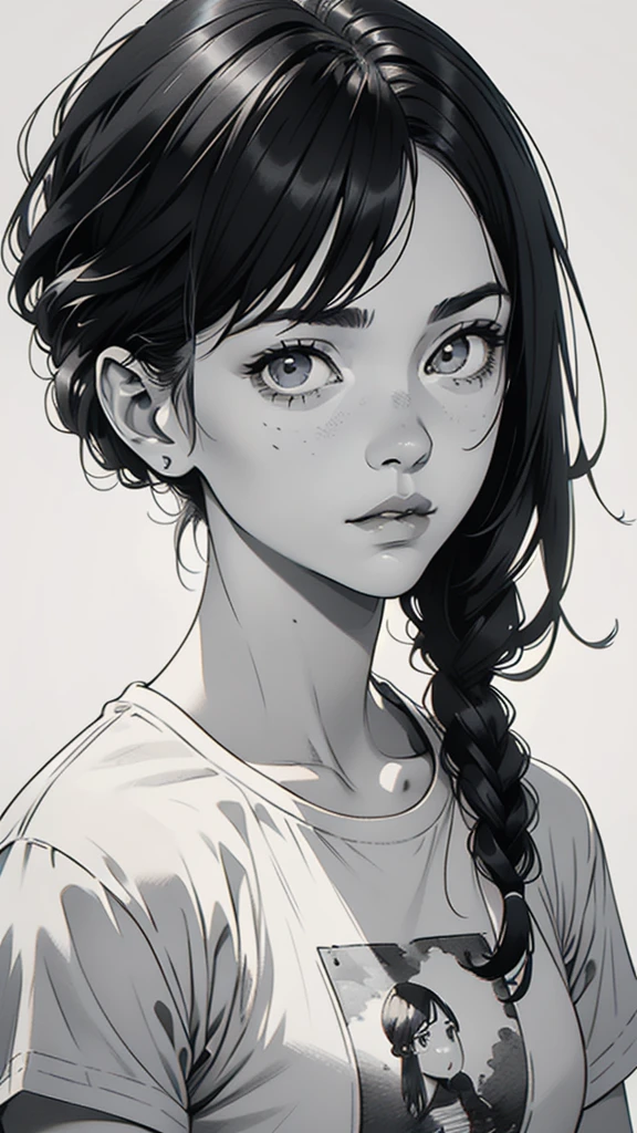 1 boyish girl, solo, sharp eyes, monochrome, greyscale, short black hair, portrait, white T-shirt, closed mouth, looking at viewer, graphite \(medium\), detailed lips, hatching \(texture\), without makeup, bangs, upper body, (best illustration), (best quality), (very detailed), (masterpiece), expressionless,