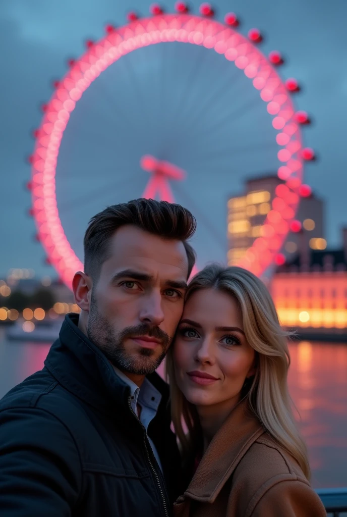 (photorealism:1.2), A couple hugging in front of the London Eye, taking a profile selfie man brown hair and eyes, with old money style haircut, blonde woman with green eyes 8k ultra realistic