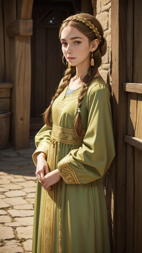 Young woman, full height. Long, oval-shaped face, thin cheeks. Small, neat mouth. Soft green eyes. Very thin eyebrows. Golden freckles on her face. Pale skin. Long, light brown hair, braided in a braid, on her head a headband of braids. Gold earrings in her ears. Dressed in a long, green dress, similar to medieval, the sleeves of the dress narrowed, closer to the hands free, the neckline is small, a lot of details on the paltier, gold embroidery.