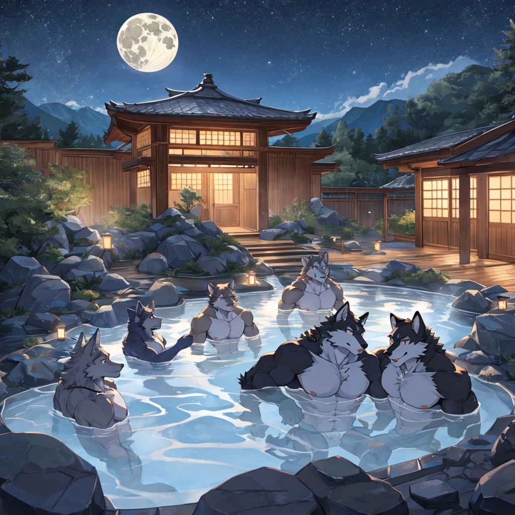 Starry Sky,full moon,,hot spring,Open-air bath,hot springに胸まで浸かっている黒い人狼 ,great physique,manly,Wolf&#39;s fur,naked,全naked,（naked towel:1.4）,(white towel:1.1),bodybuilder,mens G-String,