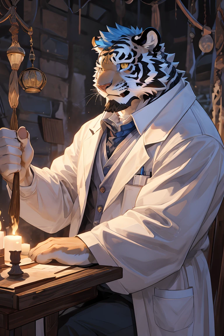 best quality，Ultra HD，Upper Body，Zoom in on the character，The most exquisite eyes［The most exquisite eyes：2.1］，Exquisite facial features，In the ruins，Sitting at a wooden table and conducting a chemical experiment，doctor，male，White Tiger［White Tiger：2.3］，Not physically fit，Excited expression，There is a small patch of blue hair on the forehead，Golden Eyes，White long coat，Black trousers