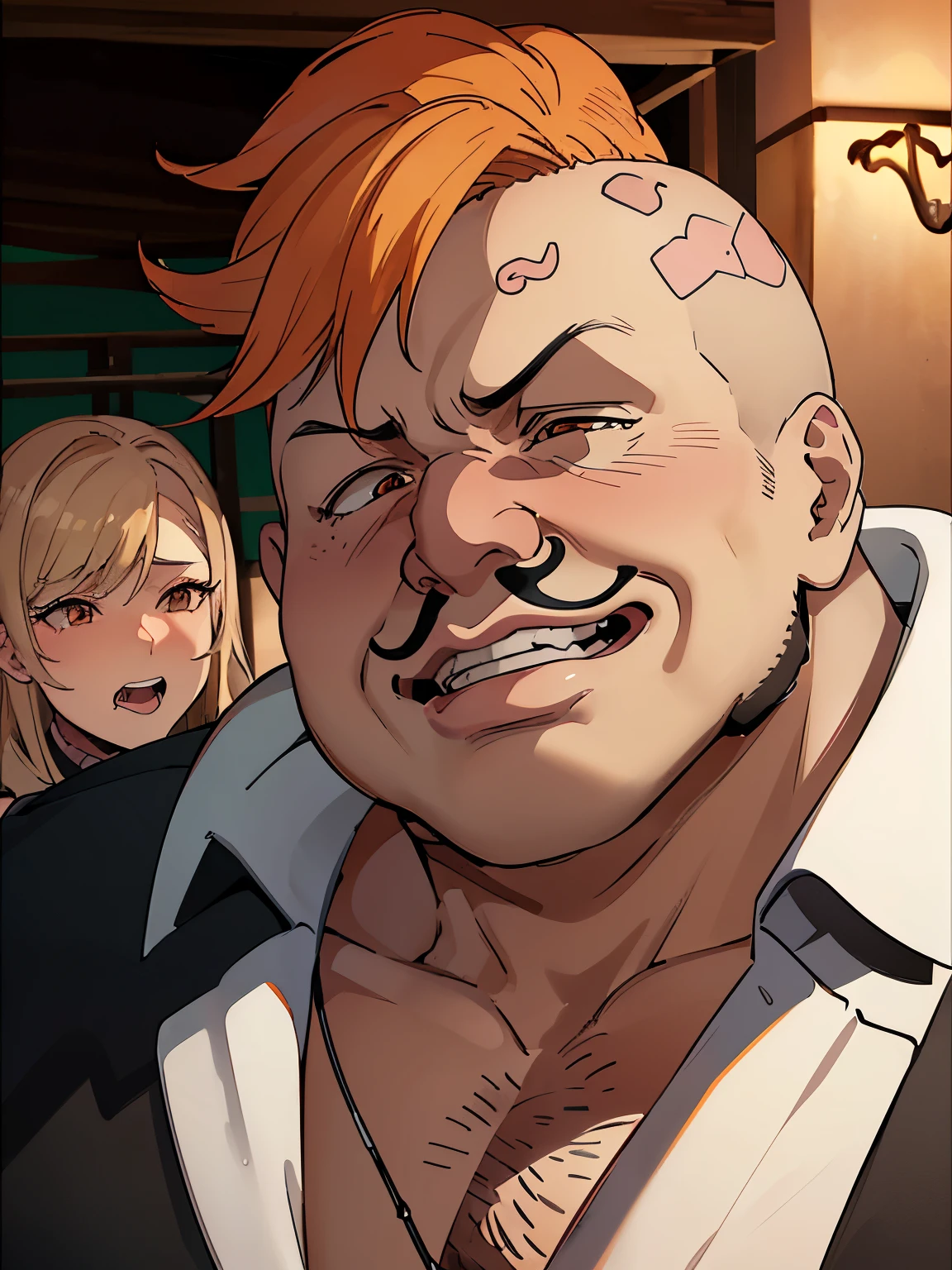 digital artwork, illustrative, tite kubo (/style/), anime, detailed face, round face, pockmarks, snub nose, ugly face, wide open mouth, licking, wide grin, pig snout, upturned nose, hugging someone from behind, dark brown eyes, looking down, close up of face, highly detailed, detailed face, FFCorneo, fat man, horny, middle-aged, horny, orange hair, clean shaven, night, bedroom (/place/