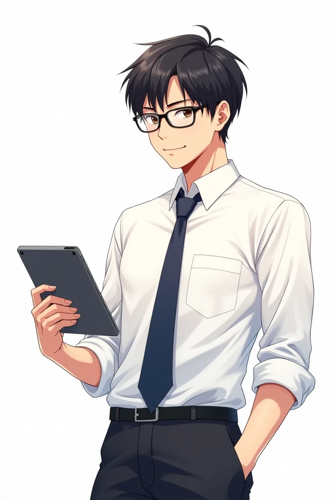 Male teacher, black hair, wearing glasses, holding an iPad with one hand, anime image, white background