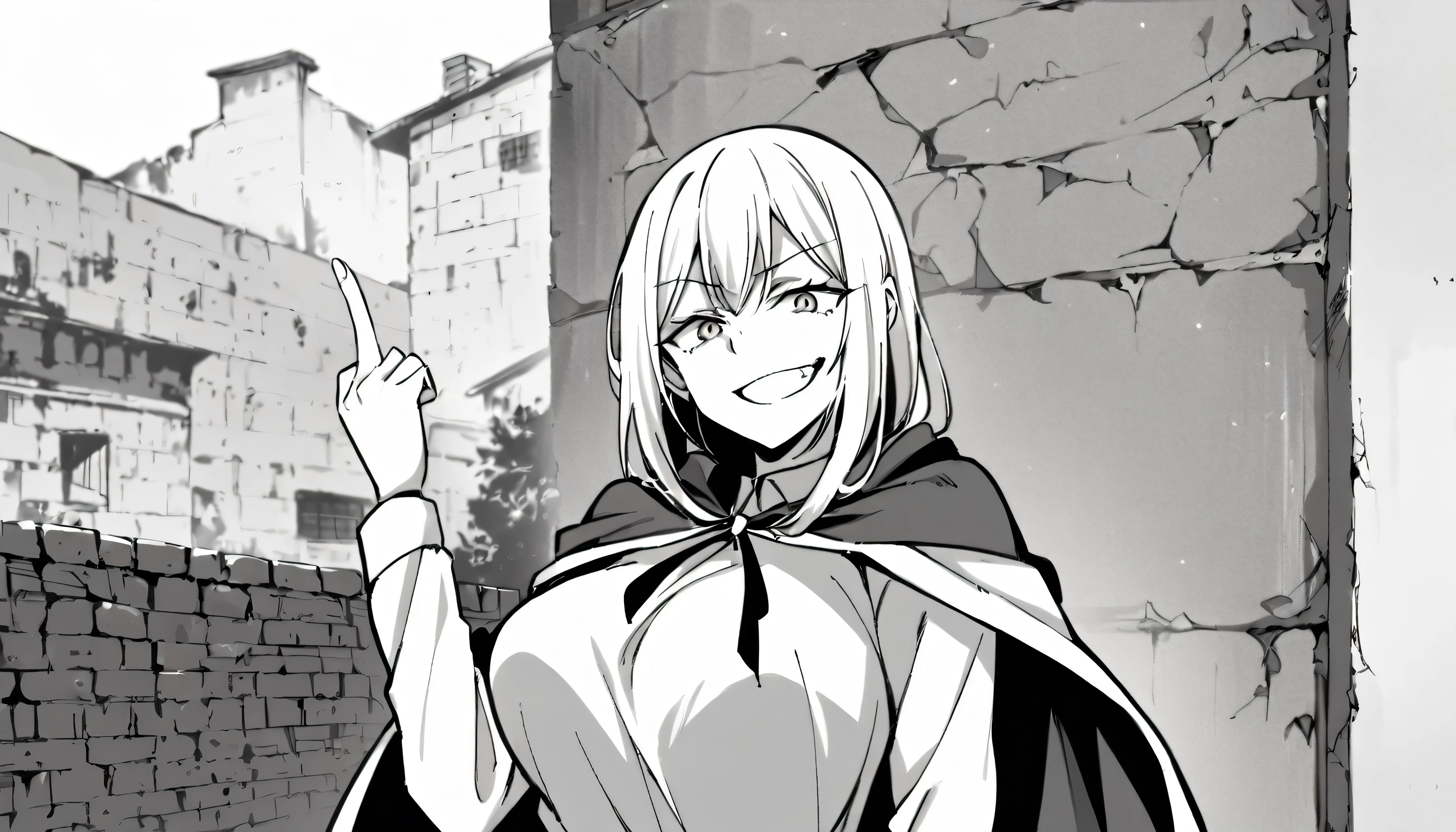 1girl in cape, looking at me, showing middle finger, mocking smile, showing her dark reality and laughing, large breasts, Old wall in background, black and white manga image.