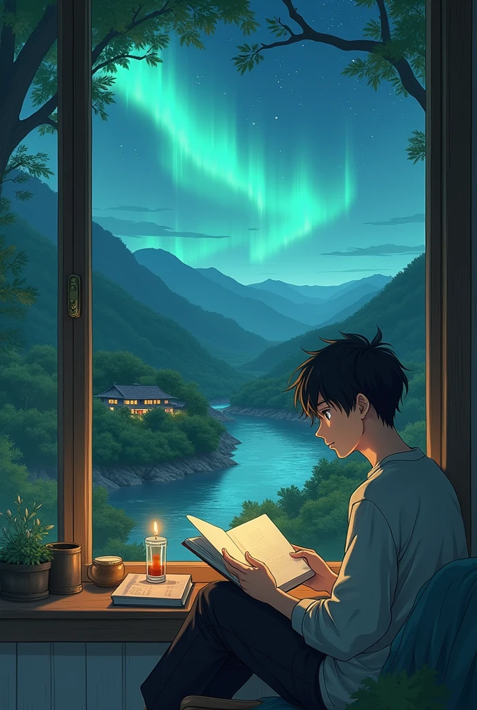 Anime guy sitting and reading a book in front of the window, in the middle of a valley, with trees, outside is a blue river, in the sky are stars, there is an aurora, a rural village.