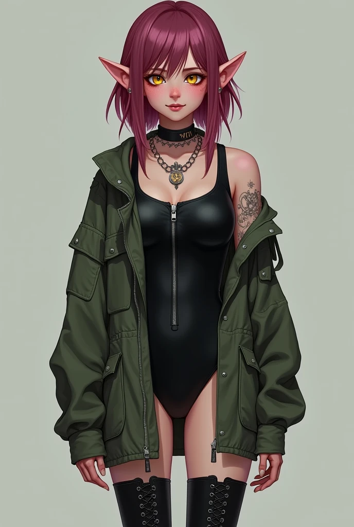 A girl with dark pink/ maroon hair, yellow eyes, fair skin, but some places are turning black, she is wearing a black body suit with a zipper in the front but an oversized army jacket over top, she also has black combat boots on. She has a pleasant expression on her face. She is happy and calm.