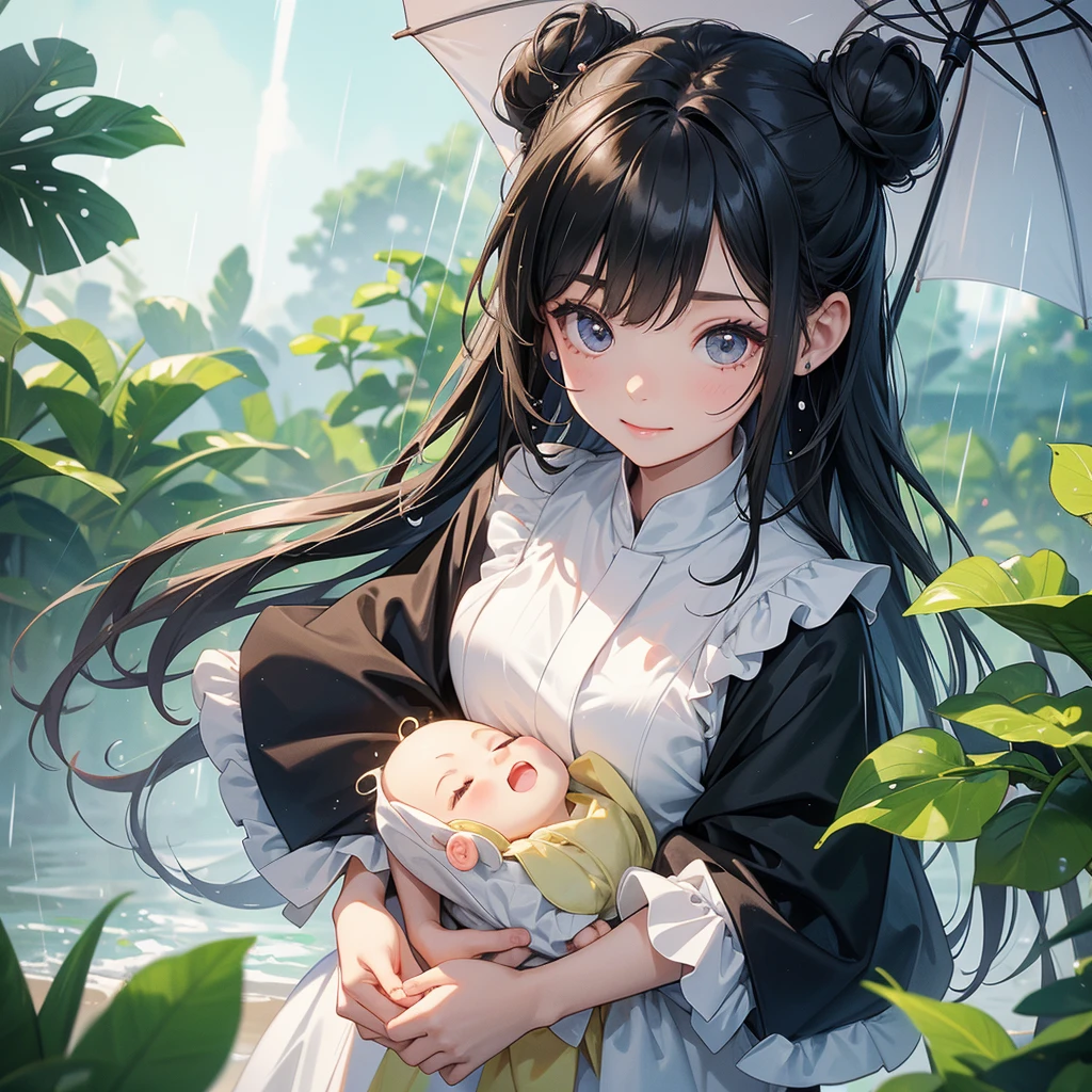A chibi child girl had a small face and wearing a little tourist priest’s outfit, a pair of big round eyes shone with curiosity about him. This child was so cute, her hair is black with buns on her hair. Small chibi , chibi baby, smiling , chibi.
Stand holding an umbrella to protect from the rain. Rain fell and splashed around. There are water droplets falling on the leaves in the surrounding area, green and moist, the atmosphere after rain.