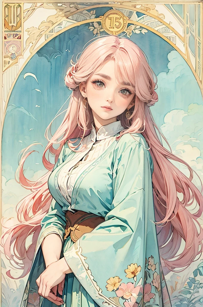 ((masterpiece)), (Highest quality), (Cinematic),  Art Nouveau watercolor , Floral_background, Intricate designs and patterns in the style of Alphonse Mucha，\One Woman, Pink Hair, Long Hair, Cotton candy shaped hair, Fluffy hair, Thick eyebrows, Pink dress, Light blue cardigan\