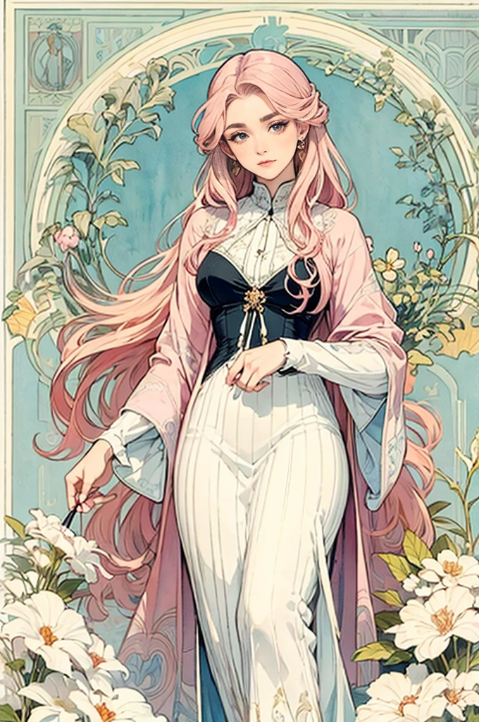 ((masterpiece)), (Highest quality), (Cinematic),  Art Nouveau watercolor , Floral_background, Intricate designs and patterns in the style of Alphonse Mucha，\One Woman, Pink Hair, Long Hair, Cotton candy shaped hair, Fluffy hair, Thick eyebrows, Pink dress, Light blue cardigan\