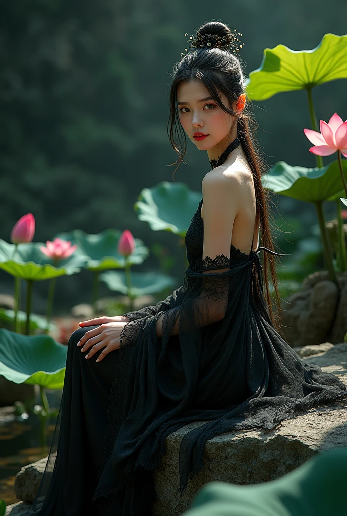 Ancient Chinese beauty sitting on the stone, wearing an ancient Chinese colorful see-through black open costume, showing breast, flowing warm colors tulle, antique mystical silk, dynamic pose, large lotus leaves, lotus flowers, clean colors, decisive cutting, dark space, masterpiece, super detailed, epic composition, high quality, highest quality, 8k --v 6