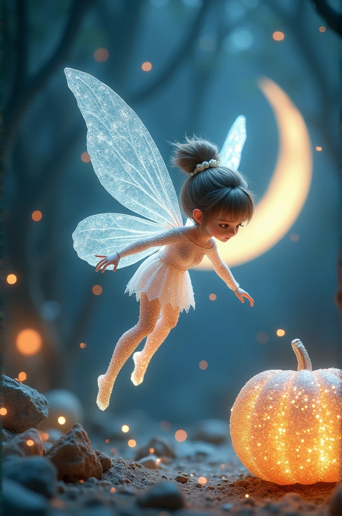 round design+highly detailed+hyper realistic+300 dpi+8K+whimsical, tiny little fairy, hair in a messy bun, face in shadow, she's flying and her transparent wings and little pixie outfit are made entirely out of sparkling, white shimmering crystals, she even has crystals on her ankles, with a crystal shimmering fractal large pumpkin, magical glowing energy particles are all over in the image cresent moon behind her +with magic+done in the style of Walt Disney.
