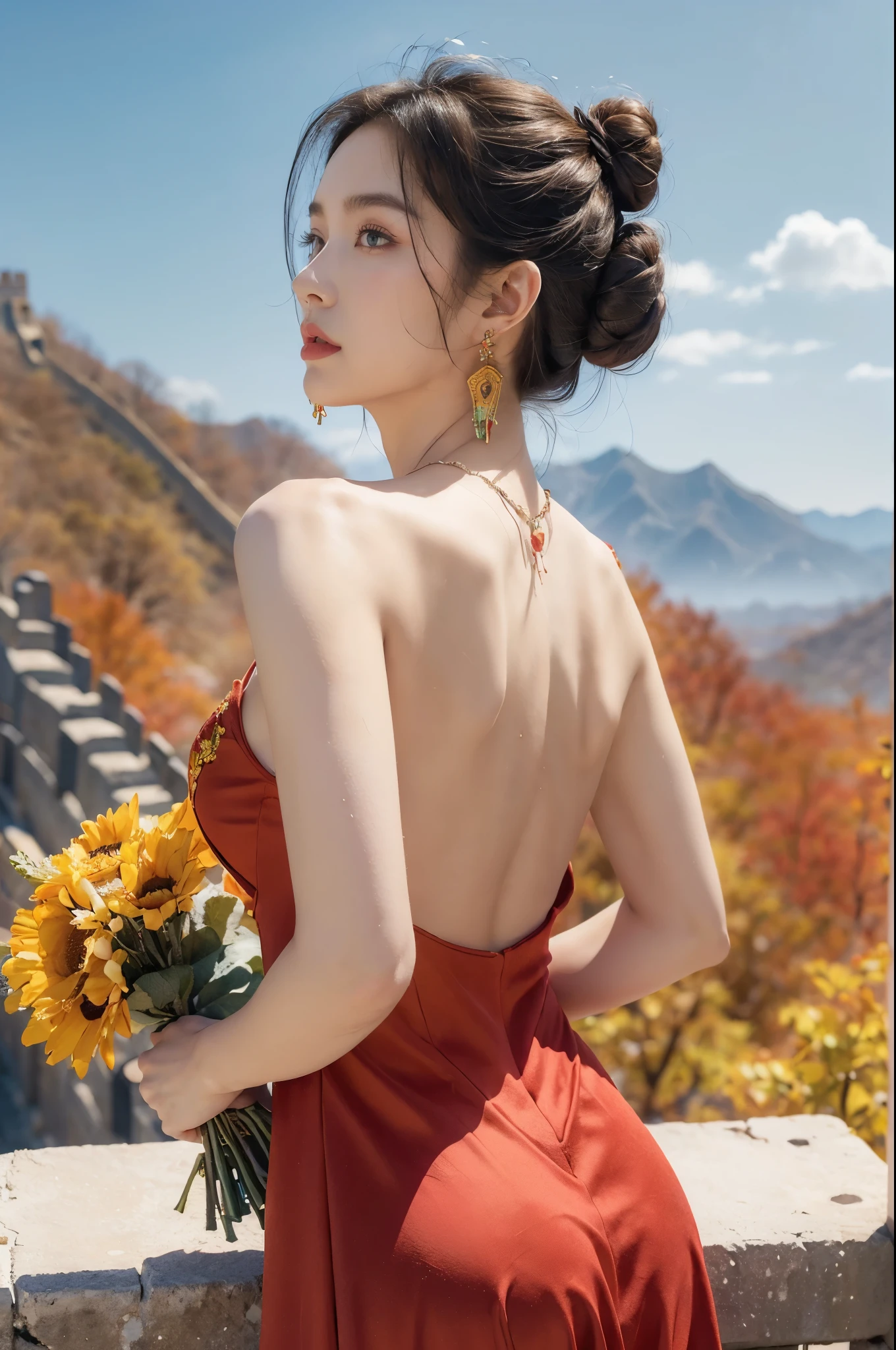 (((best quality))), (((ultra detailed))), (((masterpiece))), illustration,((1 beautiful girl,solo)),(on the Great Wall:1.3),(neat bun:1.2),((earrings,necklace)),((slim,thin)),((bare back,towering hips,butt crack)),((October, sunny, autumn,bright sunshine)), magnificent mountains,(maxi gorgeous Exquisite embroideried red dress:1.3),(stockings:1.3),(standing:1.3),gracefully,(detailed bright eyes:1.3),(fair skin:1.3), radiant,sparkling, vibrant colors,(colorful flowers:1.3), elegance, strength, perseverance, majestic, awe-inspiring, fluffy white clouds,((from back,upper body))