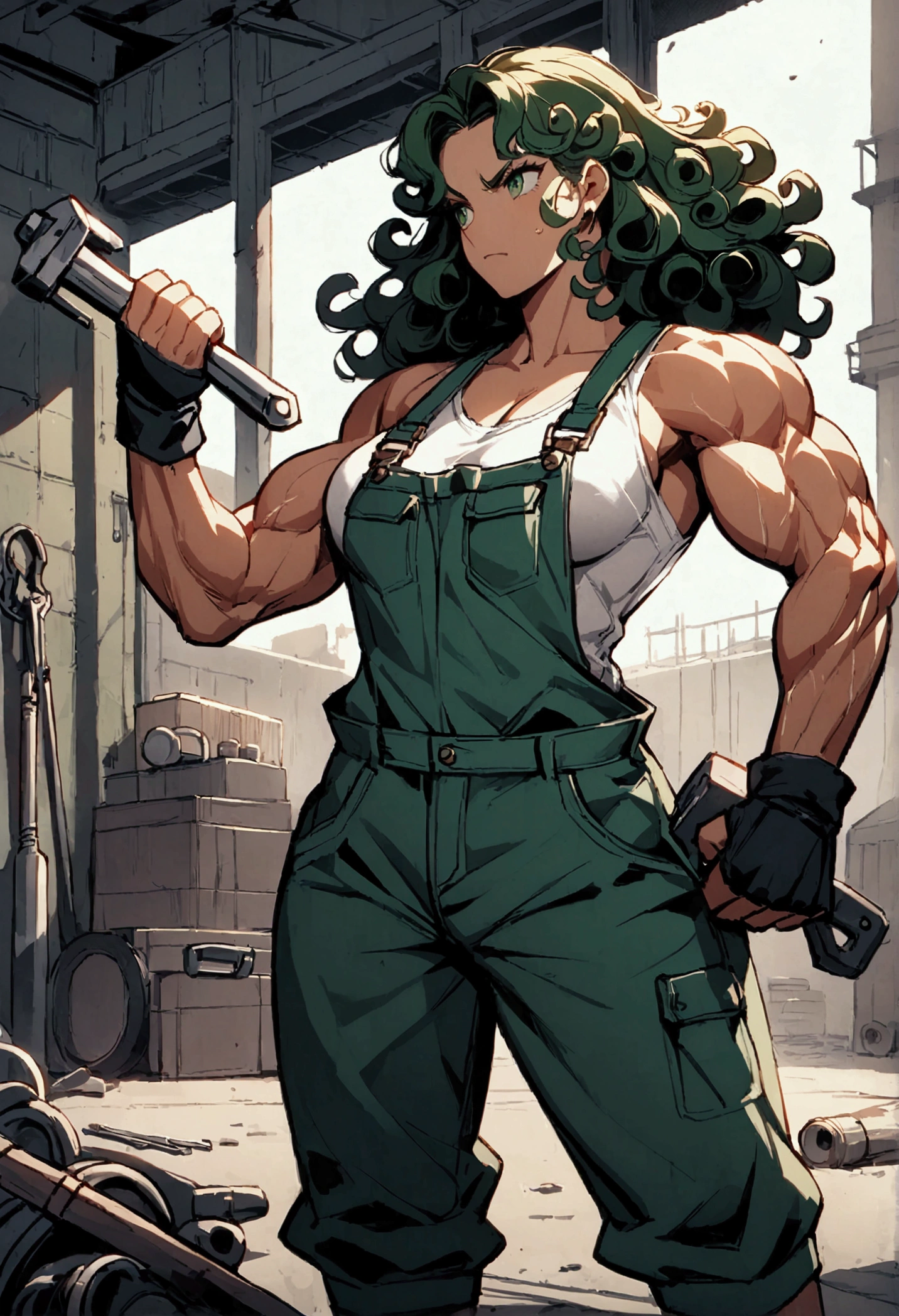 Generate a manga style illustration of a strong, confident female mechanic with curly hair and large green eyes. She is wearing a white, short-sleeved t-shirt that clings to her well-defined, muscular physique. Over the t-shirt, she has a pair of overalls that are partially undone, exposing her extremely toned and muscular abs. Her abs are smeared with streaks of grease and oil, giving her a rugged, hardworking appearance. Her arms are also heavily muscled, showcasing her strength. In her right hand, she carries a large, heavy toolbox with ease, her right bicep flexed and bulging impressively, indicating immense power. Her curly hair frames her determined face, and her large green eyes are striking, filled with focus and determination. The background could suggest a garage or workshop setting, with tools and car parts scattered around, enhancing the gritty, industrial feel of the scene.