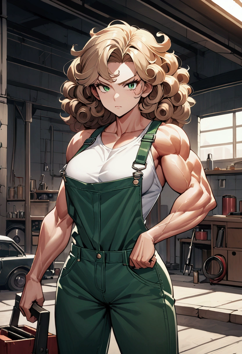 Generate a manga style illustration of a strong, confident female mechanic with curly hair and large green eyes. She is wearing a white, short-sleeved t-shirt that clings to her well-defined, muscular physique. Over the t-shirt, she has a pair of overalls that are partially undone, exposing her extremely toned and muscular abs. Her abs are smeared with streaks of grease and oil, giving her a rugged, hardworking appearance. Her arms are also heavily muscled, showcasing her strength. In her right hand, she carries a large, heavy toolbox with ease, her right bicep flexed and bulging impressively, indicating immense power. Her curly hair frames her determined face, and her large green eyes are striking, filled with focus and determination. The background could suggest a garage or workshop setting, with tools and car parts scattered around, enhancing the gritty, industrial feel of the scene.