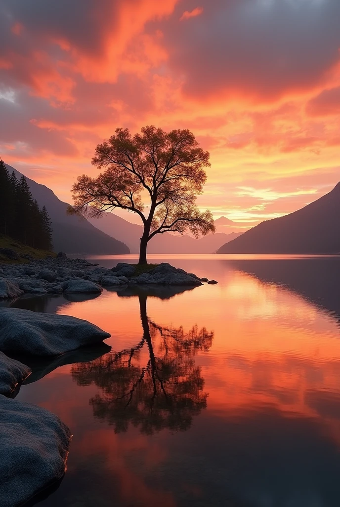 The image is a beautiful landscape photograph of a lake at sunset. The sky is filled with vibrant orange and red hues, with the sun setting in the background. The lake is calm and still, reflecting the colors of the sky. In the center of the image, there is a lone tree standing on the shore of the lake, with its reflection visible in the water. The tree is surrounded by rocks and boulders, and there are other trees and mountains in the distance. The overall mood of the photograph is peaceful and serene.