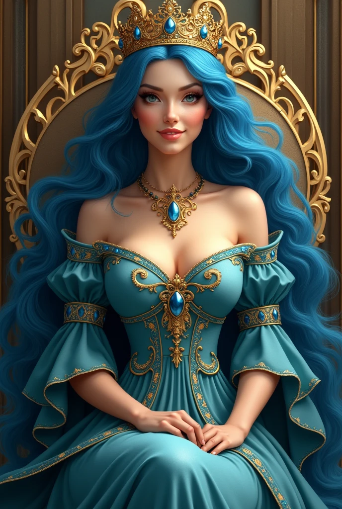 Majestic queen woman pink color sitting big breast blue hair with crown tender smiling