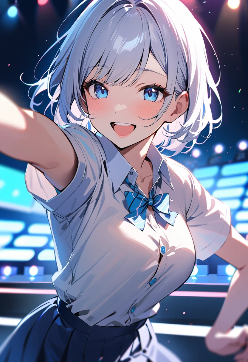 Masterpiece, best quality,  a girl with white hair, blue eyes, beautifully smiling,  modern high school student, cute, on the stage, summer, singing, looking forward, short straight hair, school suits, dancing, solo, blue light, less expose
