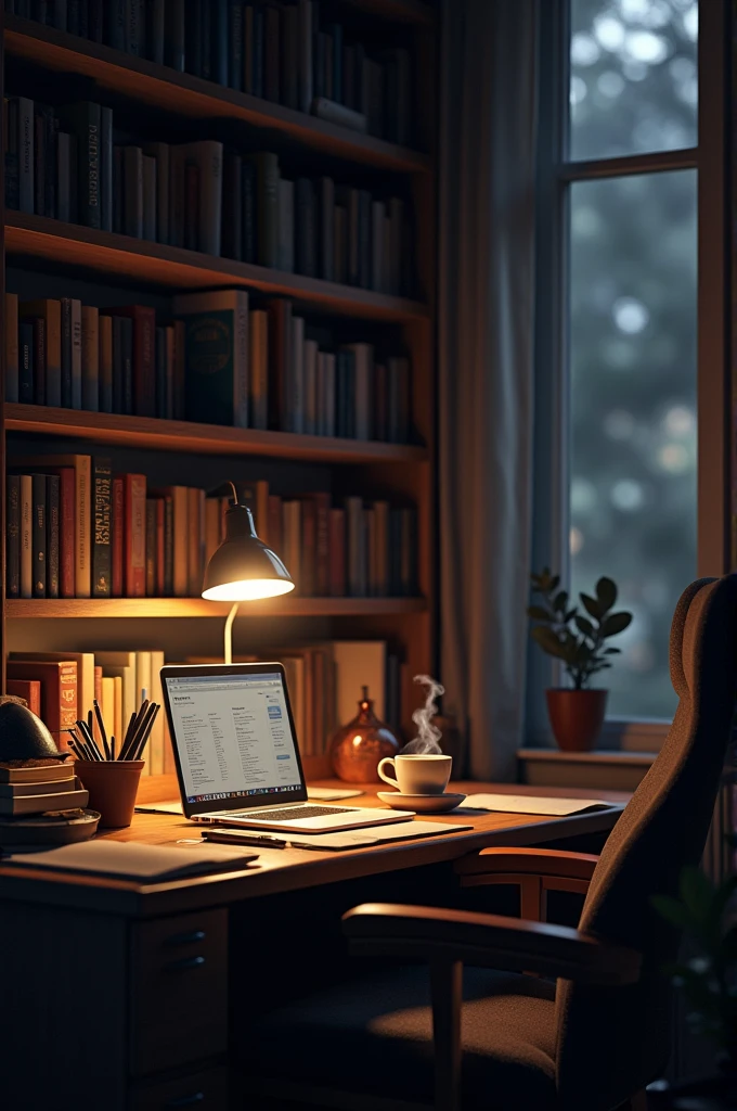 Cozy Study Space: A dimly lit room with a desk cluttered with books, a laptop, and a steaming cup of coffee. Soft light from a desk lamp casts a warm glow on the surroundings.