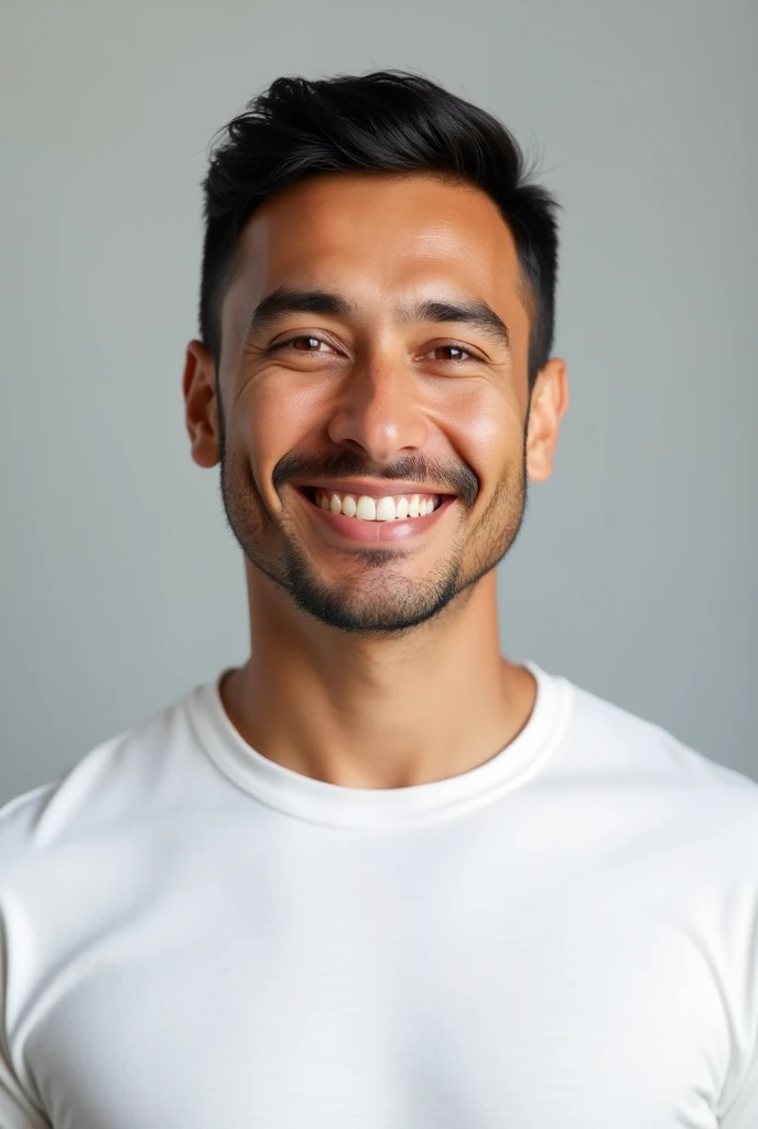 ((Hispanic man)), (Photo: 1.3) from (Photorealism: 1.3), frontal Close-up, soft light, clear face, business, warm light, white t-shirt, (gray and white background), (blank background), (gray wall background) avatar, (short hair), smile, short hair, ((man)), (Closeup)