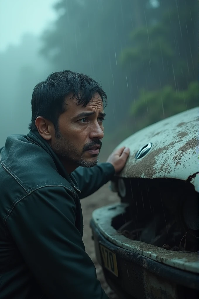 cinematic, photorealistic film poster of a man driving a car, who just met with an accident, shocked, mid close up shot, darjeeling, monsoon, heavy fog, wrecked bumper, evening