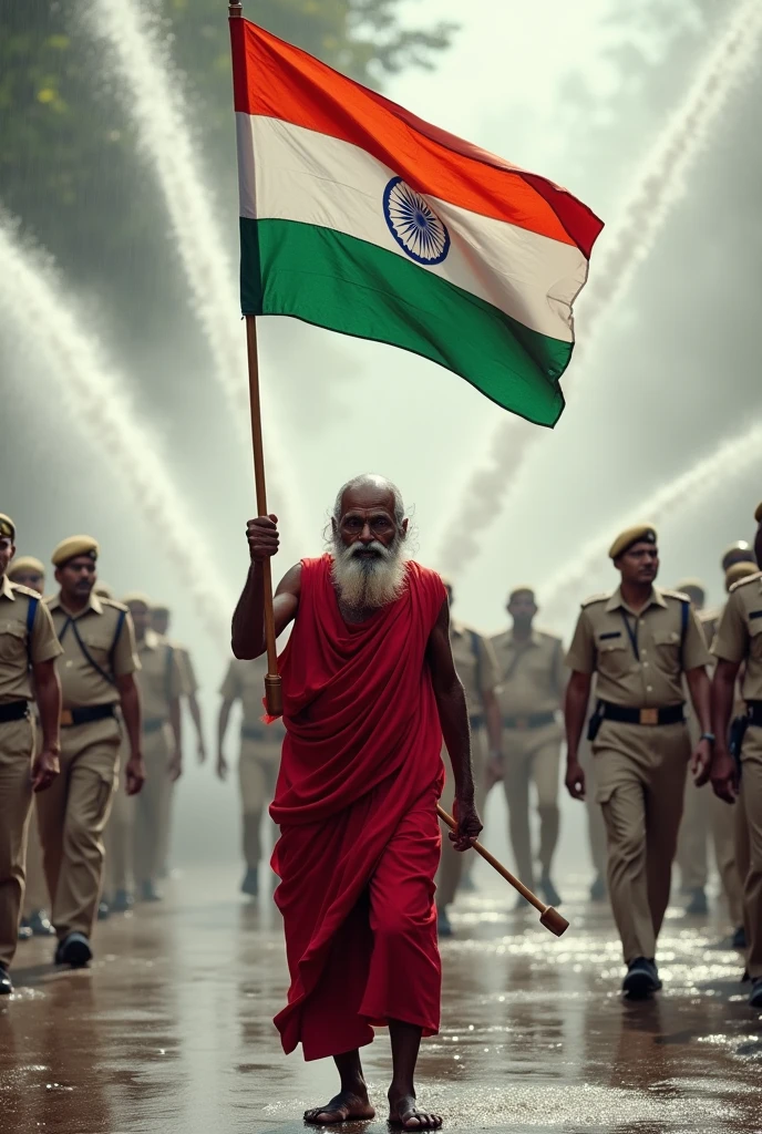 Create an image of a determined elderly weak man, dressed in traditional red robes, holding the Indian national flag high as he stands resilient against the force of water cannons being sprayed at him from a distance. The man’s resolve is unwavering, even as the powerful jets of water try to knock him down. Three uniformed police officers stand against him turned back with wooden sticks and guards watching from the foreground, symbolizing authority.