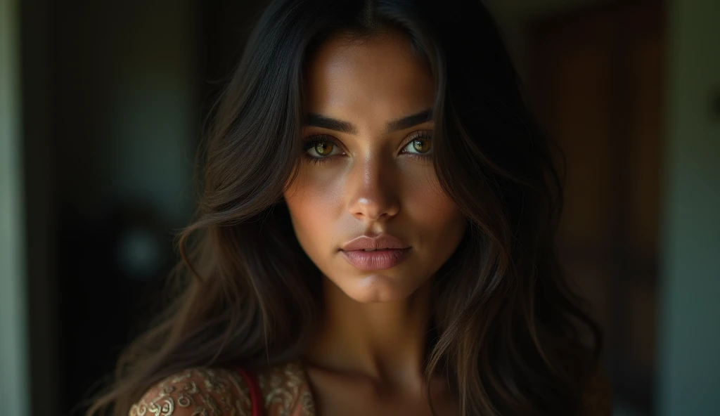 a beautiful mysterious Indian woman, Western fashion, intricate detailed face, piercing eyes, long eyelashes, delicate skin, natural beauty, flowing hair, candid elegant pose, dramatic lighting, cinematic mood, muted color palette, chiaroscuro lighting, high quality, photorealistic, 8k, intricate details, professional rendering