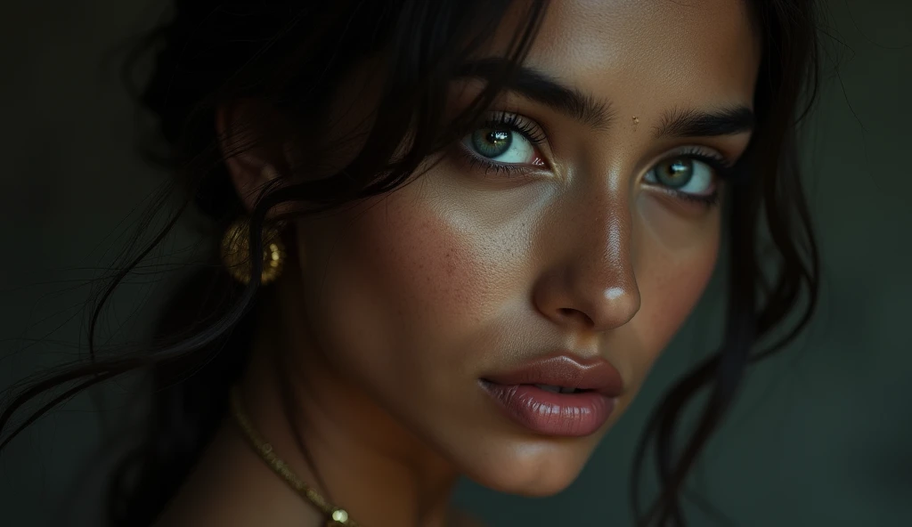 a beautiful mysterious Indian woman, Western fashion, intricate detailed face, piercing eyes, long eyelashes, delicate skin, natural beauty, flowing hair, candid elegant pose, dramatic lighting, cinematic mood, muted color palette, chiaroscuro lighting, high quality, photorealistic, 8k, intricate details, professional rendering