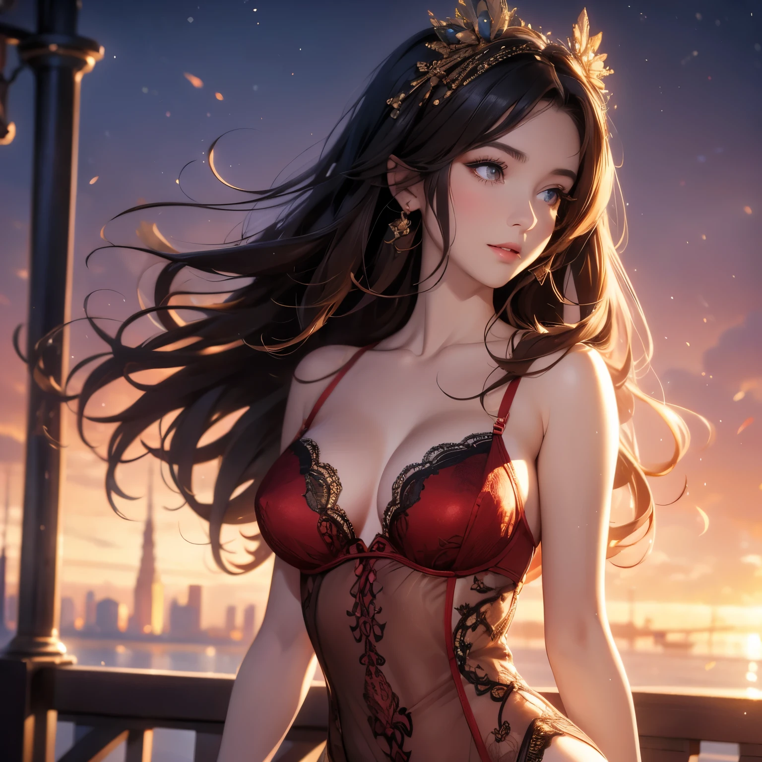 ((masterpiece)),((best quality)),((High detail)),((Realistic,)), 1 shy girl, shy expression, elegant makeup, long brown hair, seductive eyes, bright lips, sexy pose, (beautiful detailed face: 1.0), smiling, feminine approach, lace lingerie, red lingerie, big breasts, pointed breasts, (perfect body), prominent nipples, black coordinate, standing and looking at the sky, sunset in the city, tight clothes,