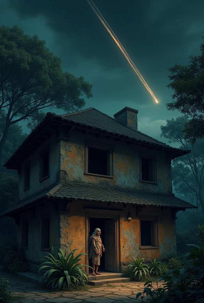 Indian old women look like scary and  she is standing in the sitout and look 
sky with fear,. Her house is very old indian traditional house, somany plants are in the house and somany big trees around the house. House is very very old house. Pov in the back to her to outside. Sky is black and a comet passing her hosue
