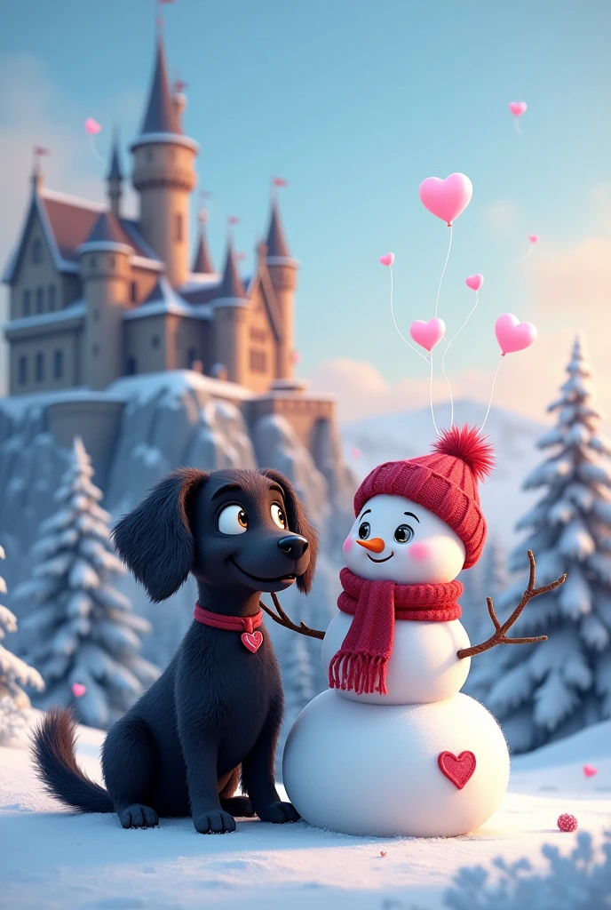 A charming fluffy white snowman wearing a red knitted hat and a red scarf with a heart design. The snowman has bright, sparkling black eyes and a delicate, happy expression. The snowman is talking with a huge black dog at front of a rock castla. It sits in an enchanting winter setting with light pink heart-shaped balloons and heart-shaped snowflakes drifting around. The surrounding trees are laden with snow and the sky above glows with a gentle twilight blue, contributing to a magical and affectionate mood. The image should embody a cartoon-like and extremely adorable style, with a soft-focus background to amplify the fairy-tale-like ambiance of the composition.