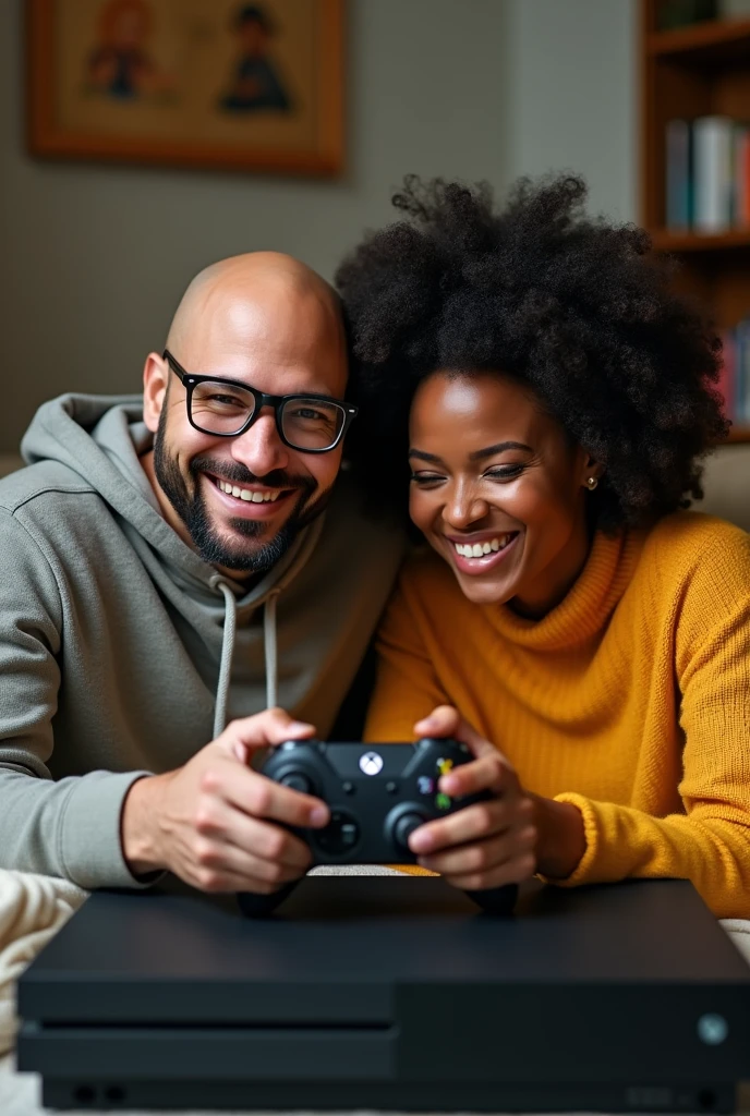 smiling gamer couple playing Xbox series X, bald, light-skinned man with beard and glasses and black woman with black power hair