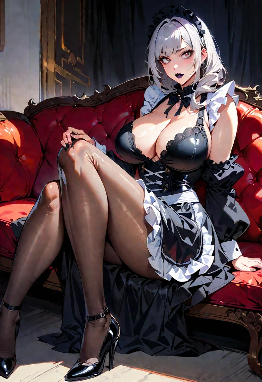 Mature beautiful woman,(Highest quality,Extremely detailed depiction,Incredibly absurd high resolution,Anatomically accurate depiction,Curvy Legs,Shiny skin,Porcelain-like skin),(Black and white gothic maid outfit,Maid Skirt,corset,black tights,High heels),eyelash,(Silver Hair,Black Eyes,Crazy Eyes,Squint your eyes,Boring look,Large Breasts,Glossy black lips:1.3,Heavy makeup,Purse your lips,Condescending Gaze,sitting on the sofa with one's knees up),Sweat:0.8,(whole body),background:Night room,Purple light,From below:1.5