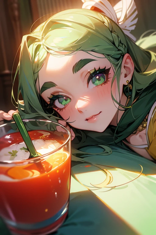 (Highest quality, masterpiece:1.2), High resolution, Very detailed, Realistic:1.37, Fantasy, An illustration, Green Eyes、Queen, Platinum decoration、beautifully、Eyeshadow Red、Thick eyebrows、Long eyelashes、pupils are black、Her hair is light green、Embarrassing、people々々々々々々々Loved by、Shoulder Bare、Braiding、((Swimwear)).(Save face image),((Drink a drink)).(smile)、((Eat sushi)).
