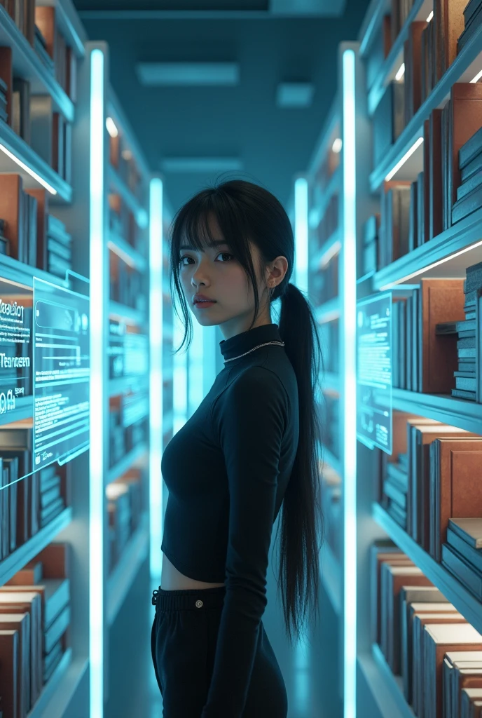 Give me a cyber realistic image of a girl with library books