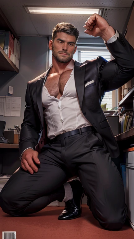 Thin and strong 30-year-old German male, Thin and strong with a business man doing sexy poses, office, dark, arms, Fuzzy, Teasing, !Magazine Cover Award Winners！muscle, chest hair, Handsome,(perfect !)Black Hair! Mature man! 4!Black formal suit! Formal shoes and socks, muscle, chest hair, Handsome,  !short hair!kneel! Lift your hips! Rear view!