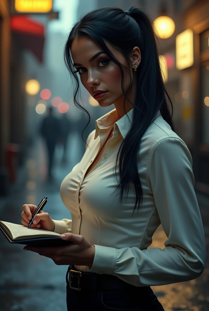 ultra realistic, photography, long black straight hair in a ponytail, elegant hair, (30 years old, hazel eyes, hourglass figure, perfect fit body, natural big breasts), firtatious look, femme fatale, long eyelashes, cat-eye make-up, she is dressed like a NYPD detective, her shirt is buttoned up, she has a notepad in her hands, she is taking notes, ahe is at a homicide scene, full body picture